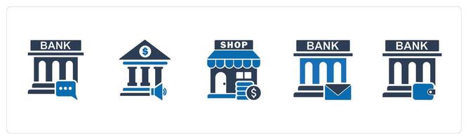 A set of 5 business icons as bank message, bank speaker, revenue store vector