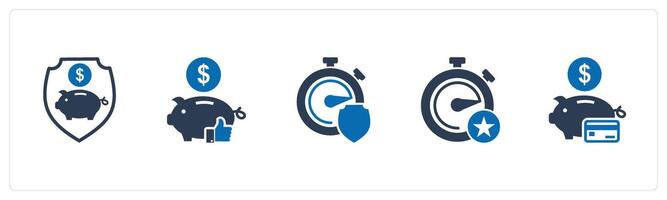 A set of 5 business icons as dislike bank, share savings, synchronize time vector
