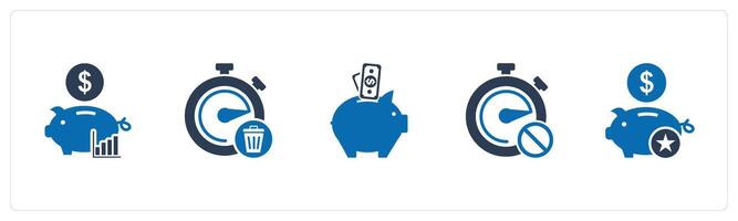 A set of 5 business icons as revenue banking, waste of time, piggy bank vector