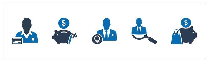 A set of 5 business icons as card owner, piggy bank, business location vector