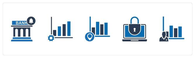 A set of 5 business icons as bank notification, graph settings, graph location vector