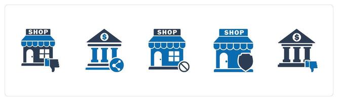 A set of 5 business icons as dislike store, bank share, prohibited shopping vector