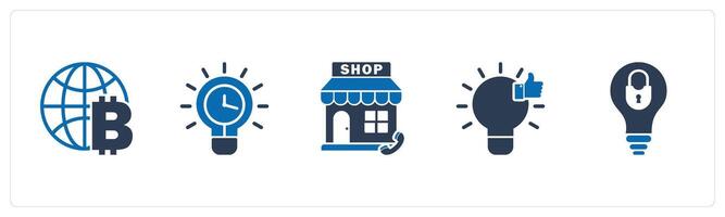 A set of 5 business icons as global currency, time management, calling store vector