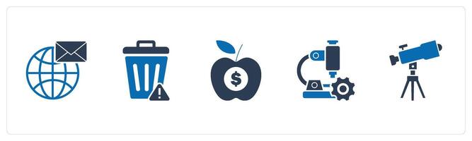 A set of 5 business icons as global message, trash bin, finance vector