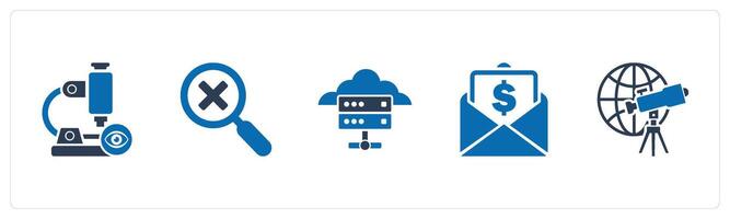 A set of 5 business icons as view microscope, wrong search, cloud server vector