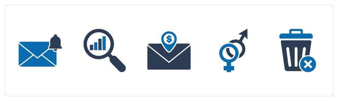 A set of 5 business icons as message notification, search analytics, finance message vector