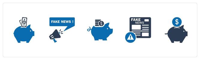 A set of 5 business icons as piggy bank, fake news, savings vector