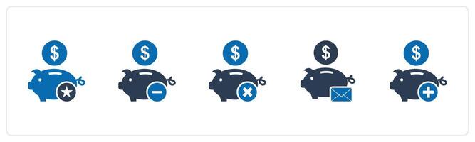 A set of 5 business icons as favorite piggy bank, remove savings, savings message vector