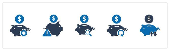 A set of 5 business icons as bank setting, bank maintenance, search savings vector
