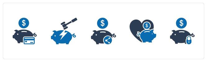 A set of 5 business icons as card savings, savings broken, share savings vector