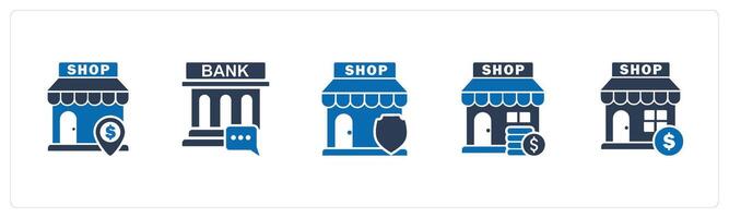 A set of 5 business icons as revenue store, bank message, store security vector