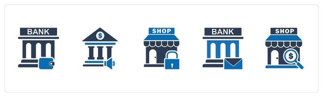 A set of 5 business icons as bank wallet, bank speaker, store security vector