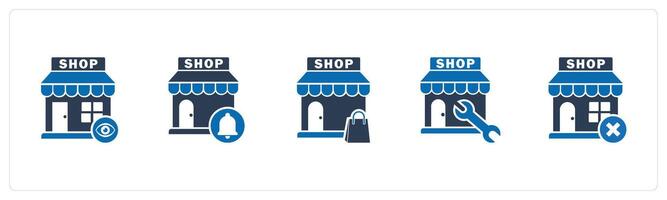 A set of 5 business icons as view store, store notification, shopping bag vector
