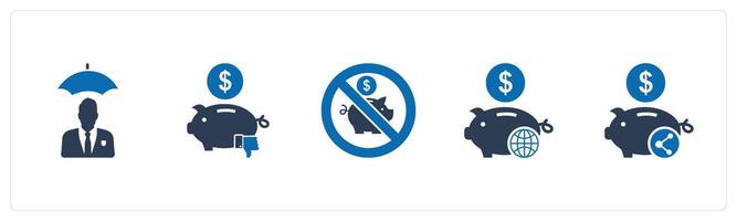 A set of 5 business icons as insurance premium, dislike bank, savings prohibited vector