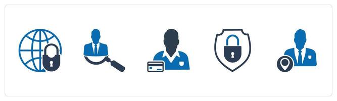 A set of 5 business icons as global security, search employee, card owner vector