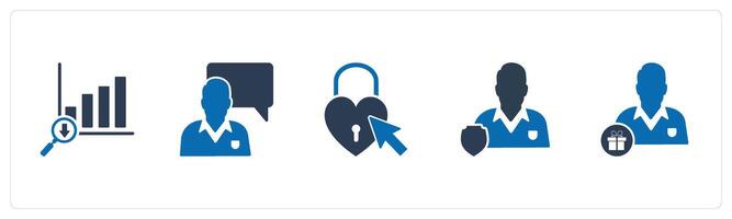 A set of 5 business icons as search analytics, business conversation, heart vector