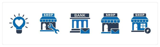 A set of 5 business icons as favorite idea, store repair, bank message vector