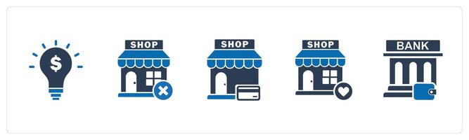 A set of 5 business icons as financial idea, remove store, card shopping vector