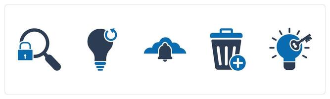 A set of 5 business icons as search lock, refresh idea, cloud notification vector