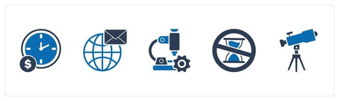 A set of 5 business icons as time is money, global message, microscope settings vector