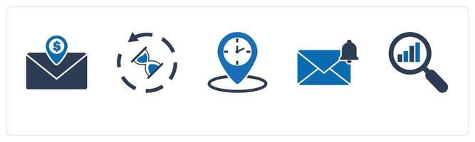A set of 5 business icons as finance message, sandglass, time location vector