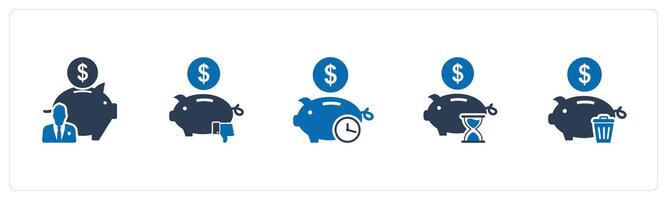 A set of 5 business icons as bank owner, dislike bank, time savings vector