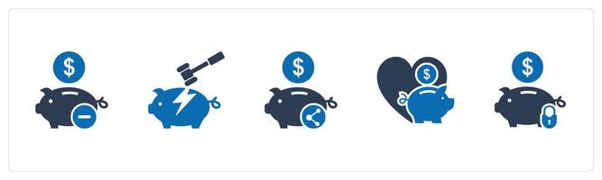 A set of 5 business icons as remove savings, savings broken, share savings vector