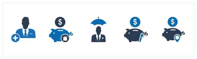 A set of 5 business icons as add user, bank savings, insurance premium vector