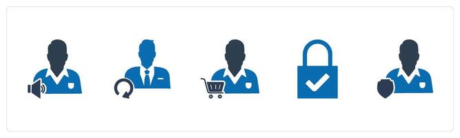 A set of 5 business icons as listening music, update user, store owner vector