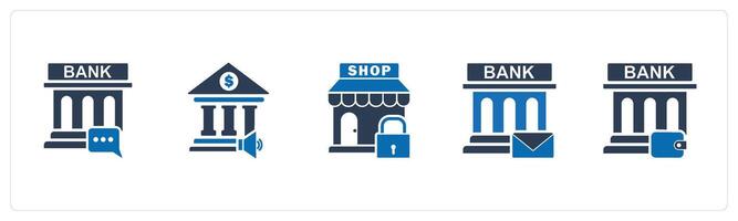 A set of 5 business icons as bank message, bank speaker, store security vector