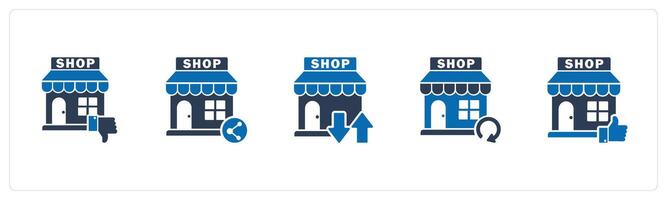 A set of 5 business icons as dislike store, share store, transformation store vector