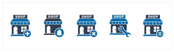 A set of 5 business icons as add store, store notification, remove store vector