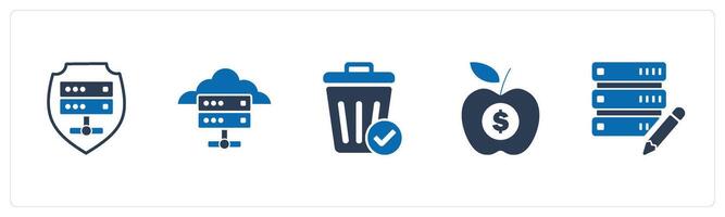 A set of 5 business icons as server security, cloud server, trash bin vector