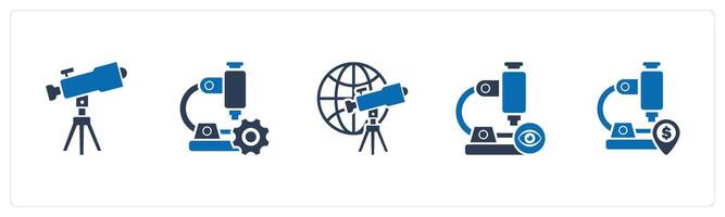 A set of 5 business icons as telescope, microscope settings, view microscope vector