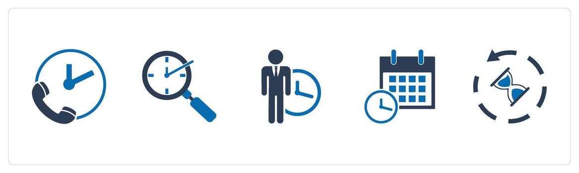 A set of 5 business icons as call on time, search time, punctuality vector
