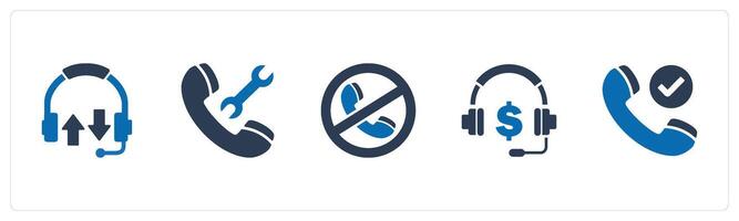 A set of 5 Contact icons as sychronize headphone, call maintenance, call prohibited vector