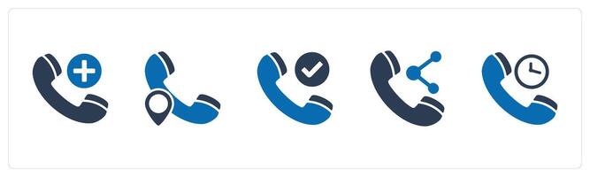 A set of 5 Contact icons as add call, call location, right call, share call vector