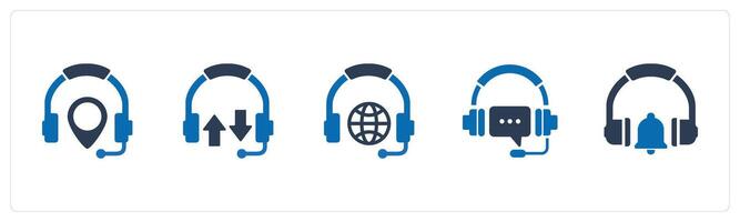 A set of 5 Contact icons as headphone location, synchronize headphone, international music vector