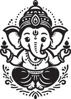 Simplified 2D illustration of Lord Ganesh in black and white line art, with minimal details for Ganesh Chaturthi. vector