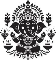 Elegant 2D black and white illustration of Lord Ganesh, with a minimalist and cute silhouette, ideal for Ganesh Chaturthi. vector
