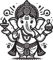 Simple 2D Ganapati silhouette in black and white line art, designed with minimal details for Ganesh Chaturthi. vector
