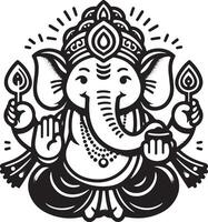 Cute and simple 2D line drawing of Lord Ganapati in black and white, with minimal details for Ganesh Chaturthi. vector