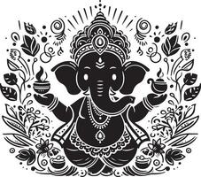 Adorable 2D silhouette of Lord Ganesh in black and white line art, rendered in a minimal style for Ganesh Chaturthi. vector