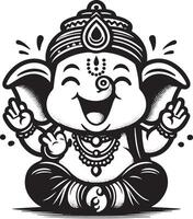 A simple 2D silhouette of Lord Ganesh, drawn in black and white, perfect for Ganesh Chaturthi celebrations. vector