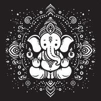 Simplified black and white 2D line art of Ganapati, focusing on a cute and minimal silhouette for Ganesh Chaturthi. vector