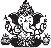 A cute and simplified 2D silhouette of Ganapati, rendered in black and white line art for Ganesh Chaturthi. vector