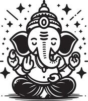 A minimalistic 2D black and white line art of Lord Ganesh, featuring a cute silhouette for Ganesh Chaturthi festivities. vector