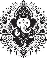 Low-detail 2D illustration of Lord Ganesh in black and white, focusing on a simple and cute silhouette for Ganesh Chaturthi. vector