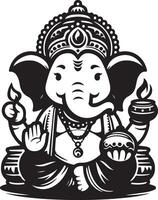 Simple 2D black and white depiction of Lord Ganesh, focusing on a clean silhouette for Ganesh Chaturthi celebrations. vector
