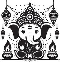 Cute and minimalistic 2D line art of Lord Ganesh, rendered in black and white for Ganesh Chaturthi. vector